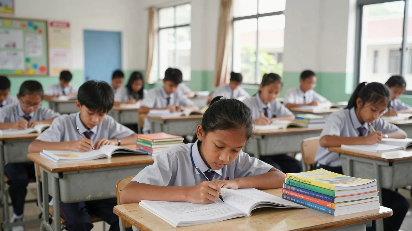Siswa belajar di perpustakaan sekolah yang modern, buku-buku tert