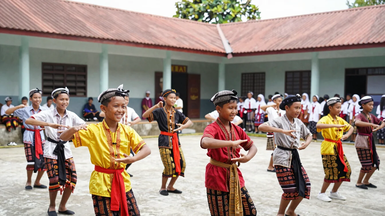 Kelompok siswa berlatih tari tradisional di aula sekolah, kostum