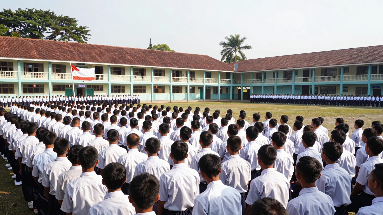 Upacara bendera di lapangan sekolah, siswa dan guru berbaris rapi