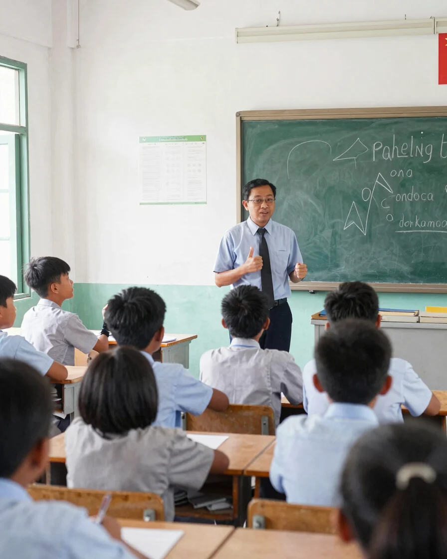 Students learning in a bright, clean Indonesian classroom, teacher interacting with students, natural daylight
