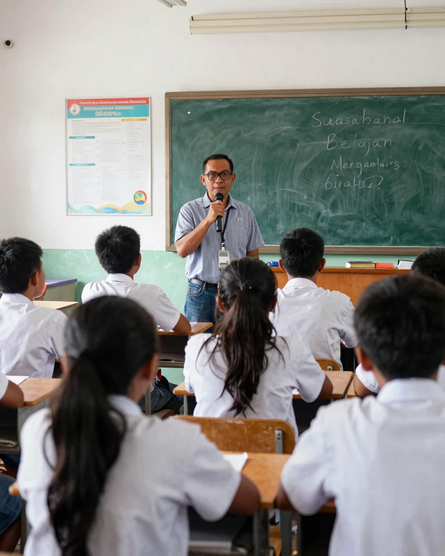 Suasana belajar mengajar di kelas, guru berinteraksi dengan siswa