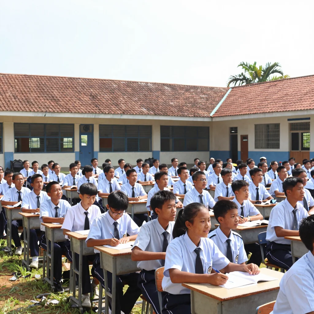 Kegiatan ekstrakurikuler pramuka di lapangan sekolah, siswa berse