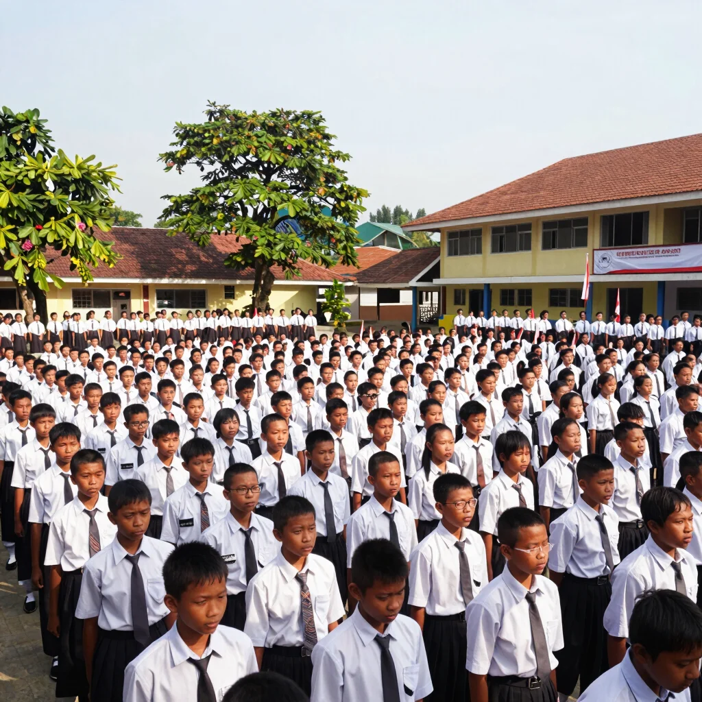Upacara bendera di halaman sekolah, siswa dan guru berbaris rapi,