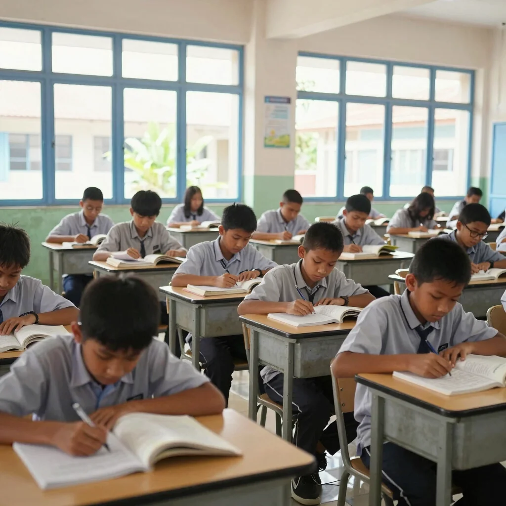 Fasilitas perpustakaan sekolah, siswa membaca buku di meja, rak b