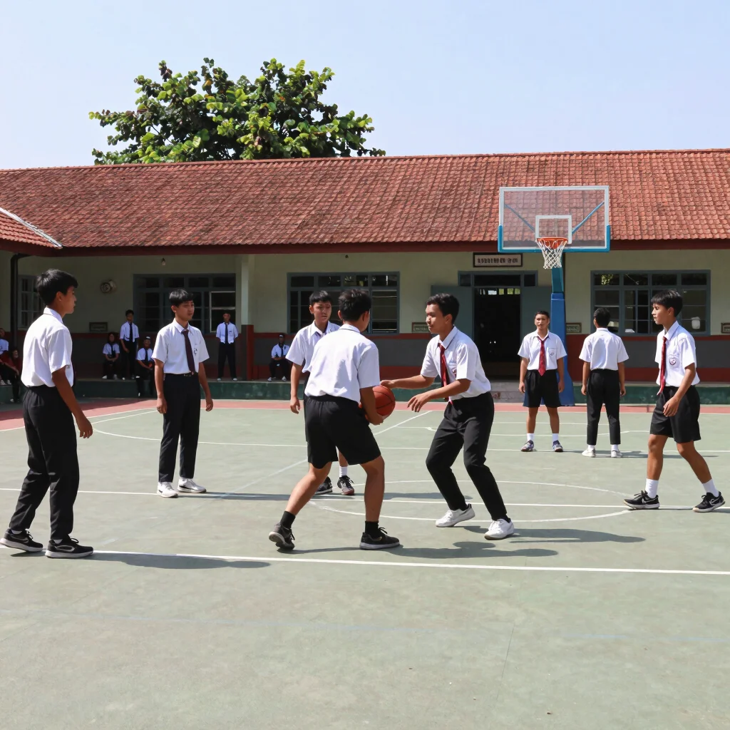 Kegiatan olahraga siswa di lapangan basket sekolah, interaksi akt