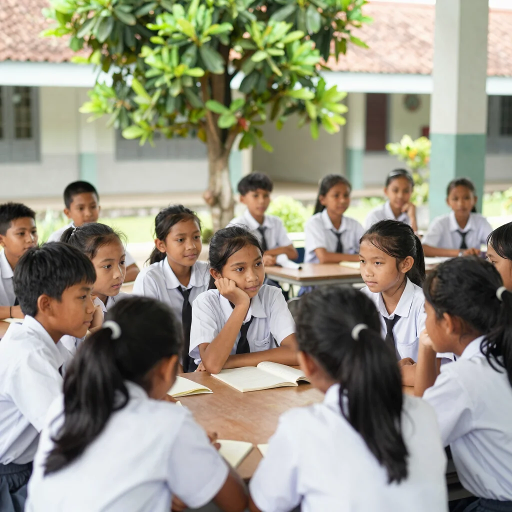 Siswa berdiskusi kelompok di taman sekolah, lingkungan hijau, sua