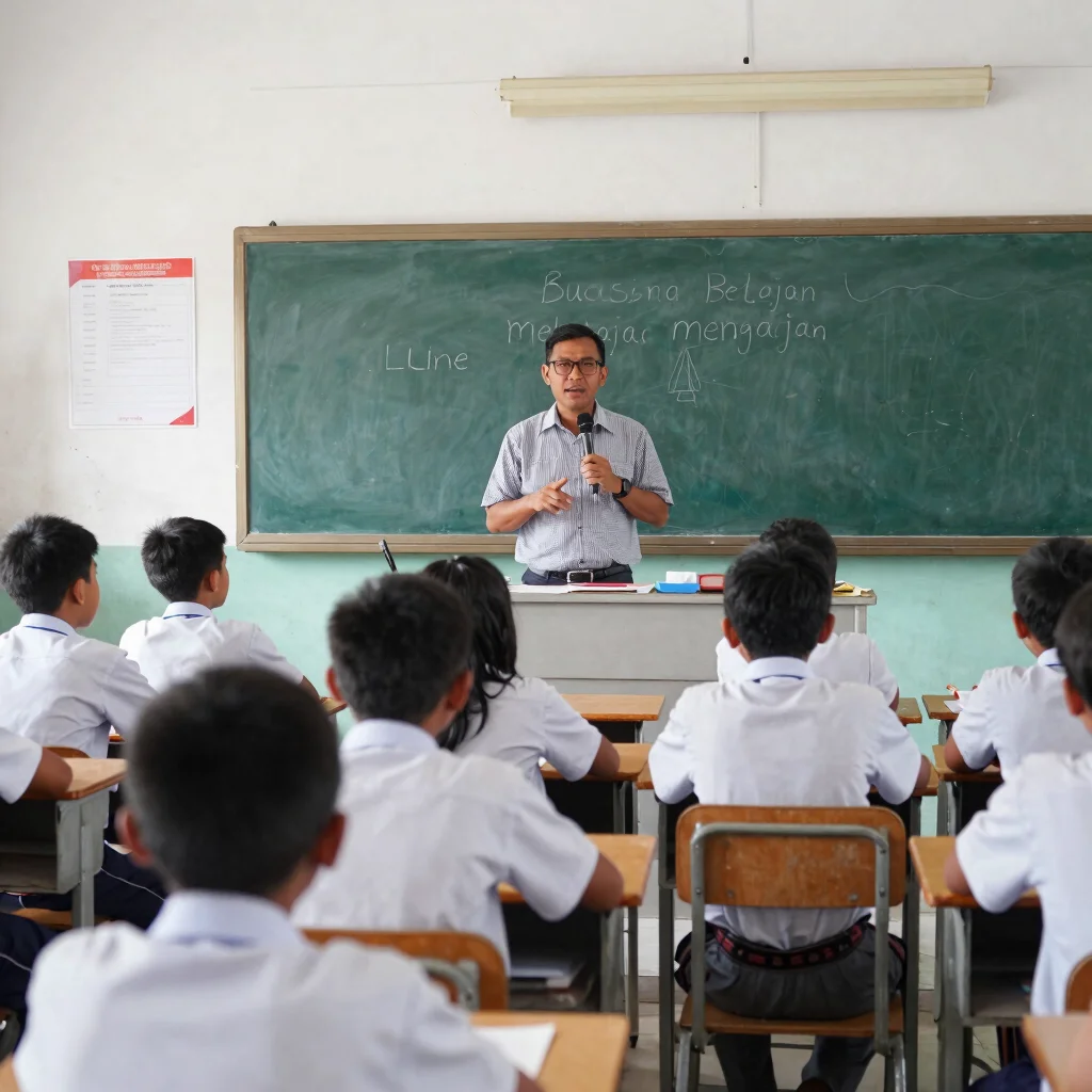 Suasana belajar mengajar di kelas, siswa fokus mendengarkan guru,